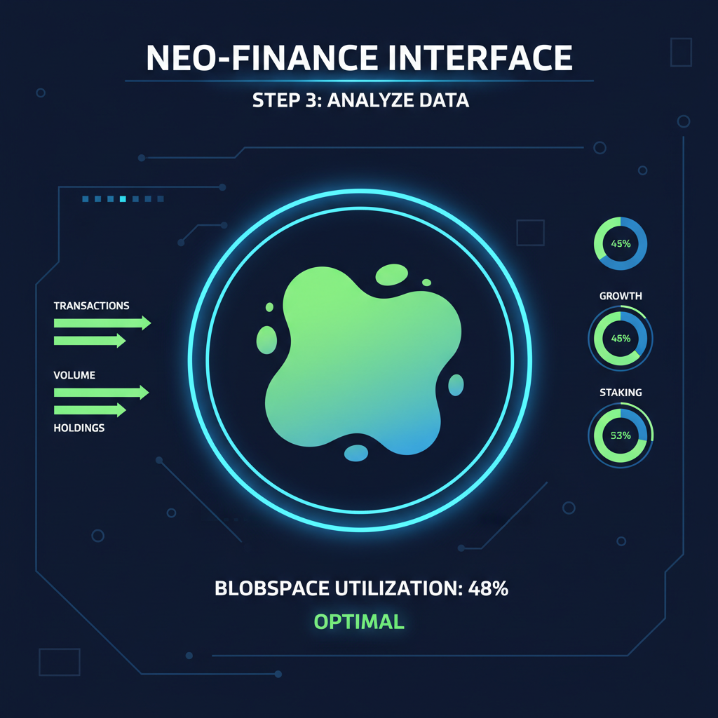 futuristic crypto dashboard showing blobspace utilization graph under 50%, green charts, neon blues