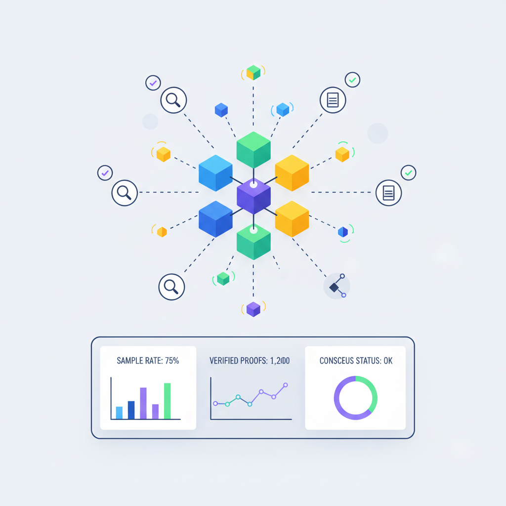 blockchain verification sampling, nodes checking data proofs, analytical dashboard
