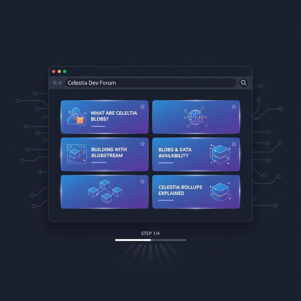 browser window open to crypto forum threads on Celestia blobs, glowing interfaces