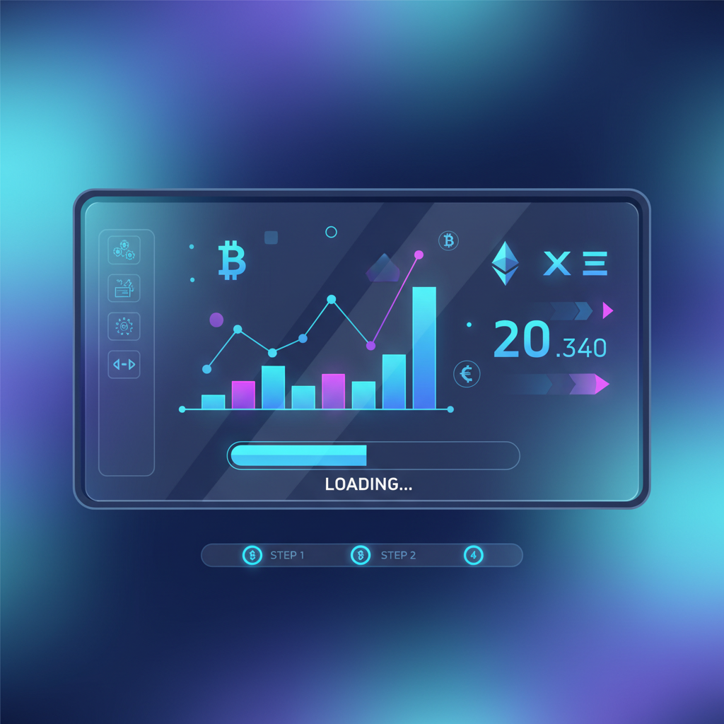futuristic crypto dashboard loading on screen, glowing charts, neon blues