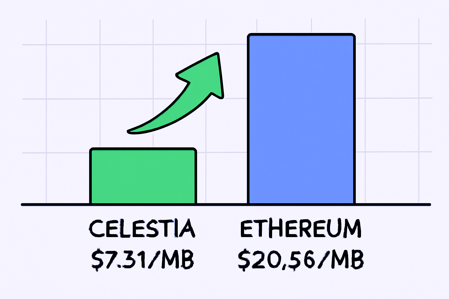 side-by-side bar graph Celestia $7.31/MB vs Ethereum $20.56/MB, green Celestia win arrow, crypto data viz style