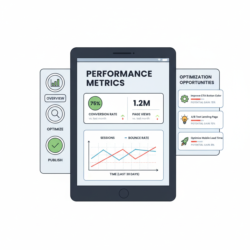 analytics review screen with performance metrics and optimization graphs